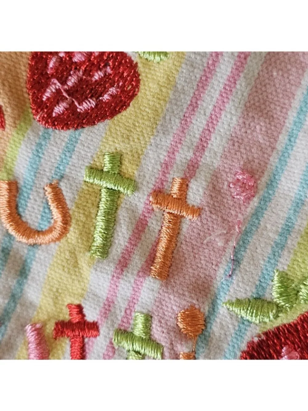 Y2K Vtg Strawberry‎ Shortcake Bib Overall Dress Denim Rainbow Striped Sz 5